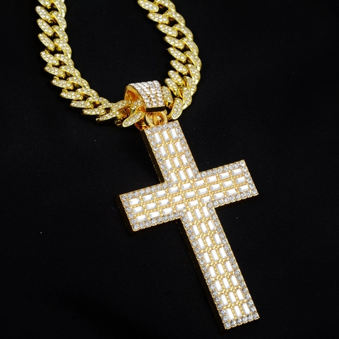 Hip Hop Iced Out Kreuz Anhänger Halskette Gold Silber Galvanisierte Zinklegierung Strass Panzerkette Schmuck Für Damen Herren