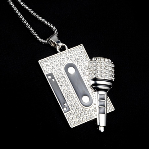 Hip Hop Cassette Microphone Pendant Necklace Zinc Alloy Rhinestone Pave Chain For Men Women Streetwear Jewelry Gift