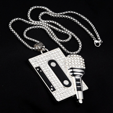 Hip Hop Cassette Microphone Pendant Necklace Zinc Alloy Rhinestone Pave Chain For Men Women Streetwear Jewelry Gift