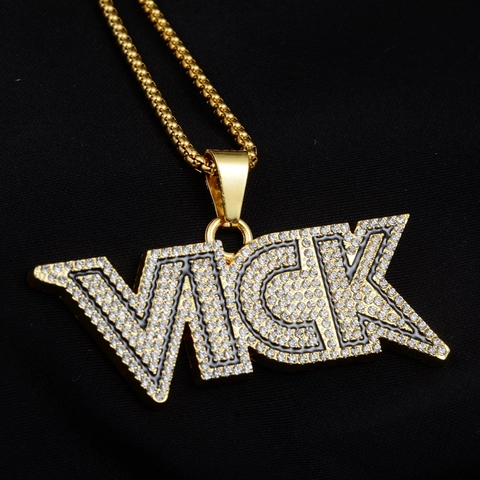 Hip Hop VICK Letter Pendant Necklace Zinc Alloy Rhinestone Pave Fashion Jewelry Box Chain For Men Women Cool Accessory