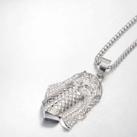 Hip Hop Stainless Steel Iced Out Pharaoh Jesus Pendant Necklace For Men Women Fashion Rhinestone Jewelry Silver Color
