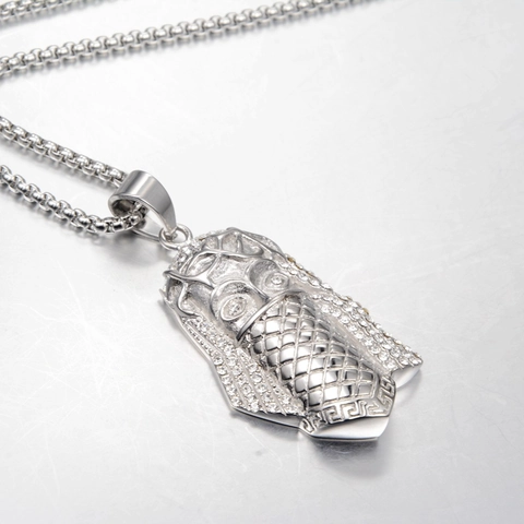 Hip Hop Stainless Steel Iced Out Pharaoh Jesus Pendant Necklace For Men Women Fashion Rhinestone Jewelry Silver Color
