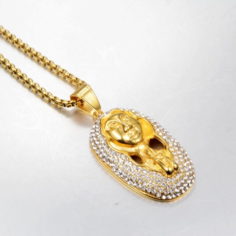 Hip Hop Pharaoh Iced Out Pendant Necklace Titanium Steel Egyptian Portrait Medallion Chain Jewelry For Men Women Gift