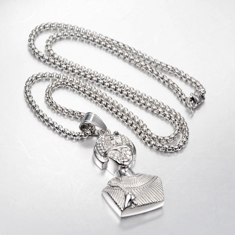 Hip Hop Egyptian Pharaoh Pendant Necklace For Men Women Titanium Steel Rhinestone Inlaid Jewelry Punk Style Accessory