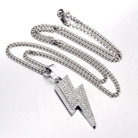 Collar con Colgante de Rayo Color Plata Hip Hop para Hombre Mujer de Aleación de Zinc con Rhinestone Pavé Joyas de Estilo Callejero