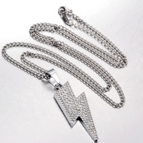 Collar con Colgante de Rayo Color Plata Hip Hop para Hombre Mujer de Aleación de Zinc con Rhinestone Pavé Joyas de Estilo Callejero