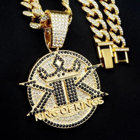 Hip Hop Zinc Alloy Rhinestone Crown K Letter Pendant Necklace King Of Kings Cuban Chain Streetwear Jewelry For Men Women