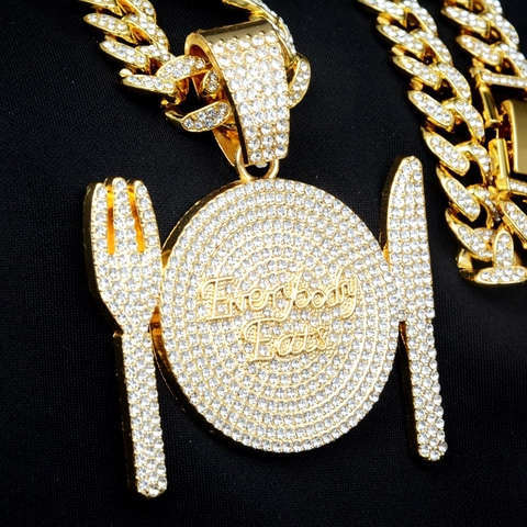 Collier Pendentif Vaisselle Hip Hop Alliage Plaqué Or Zircone Maille Gourmette Assiette Fourchette Couteau Bijoux Unisexe