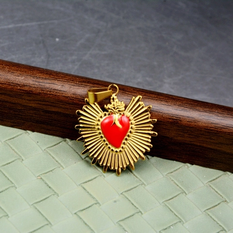 Stainless Steel Sacred Heart Pendant Vintage Baroque Gold Plated Enamel Sunray Cross Religious Necklace Accessory For Men Women