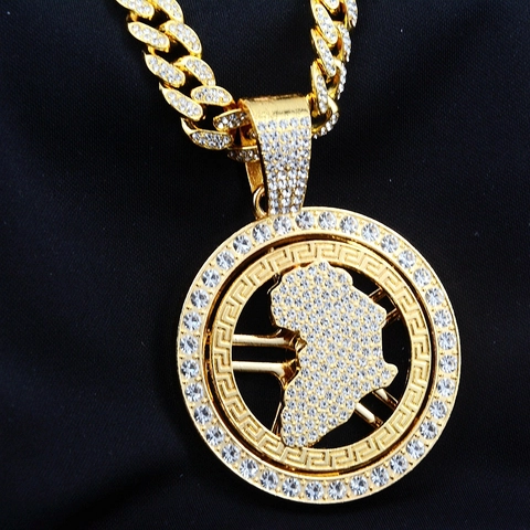 Collana Hip Hop Placcata Oro in Lega di Zinco Con Ciondolo Tondo Mappa dell'Africa e Catena Cubana Con Strass Gioielli Unisex