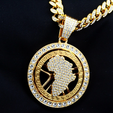 Collana Hip Hop Placcata Oro in Lega di Zinco Con Ciondolo Tondo Mappa dell'Africa e Catena Cubana Con Strass Gioielli Unisex