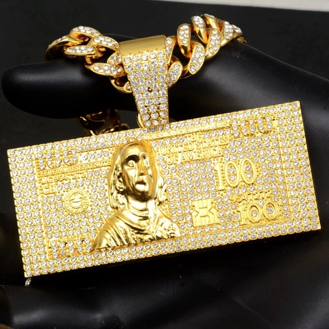 Iced Out Hip Hop 100 Dollar Bill Pendant Necklace Zinc Alloy Rhinestone Cuban Link Chain Gold Color Personalized Necklaces For Men Women