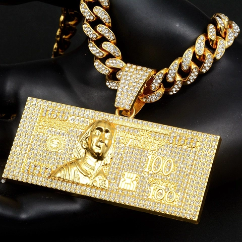 Iced Out Hip Hop 100 Dollar Bill Pendant Necklace Zinc Alloy Rhinestone Cuban Link Chain Gold Color Personalized Necklaces For Men Women