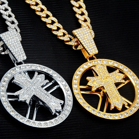 Iced Out Rotierendes Kreuz Rund Anhänger Halskette Hip Hop Zinklegierung Strass Panzerkette Für Herren Damen Schmuck