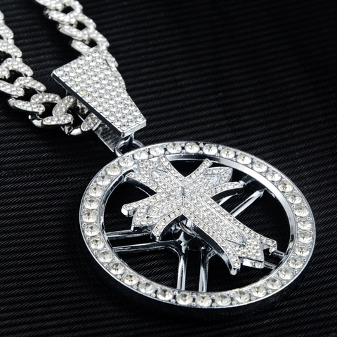 Iced Out Rotierendes Kreuz Rund Anhänger Halskette Hip Hop Zinklegierung Strass Panzerkette Für Herren Damen Schmuck
