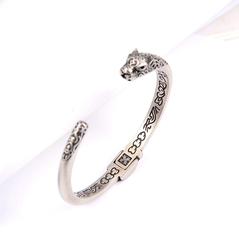 Vintage Edelstahl Leopard Kopf Offener Armreif Für Damen Herren Retro Geschnitztes Muster Oxidiertes Gealtertes Finish Schmuck Armband