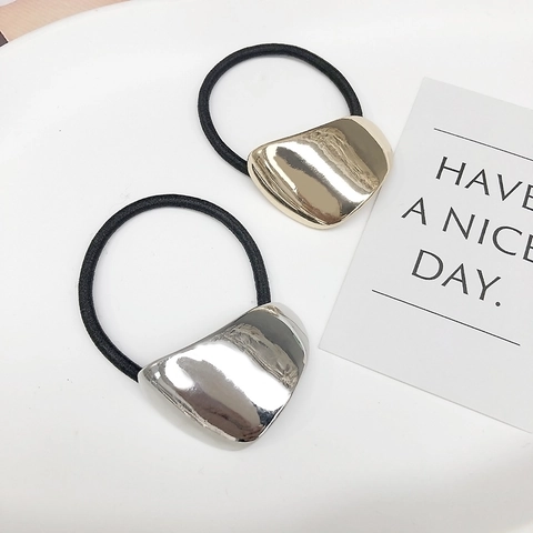 Minimalist High Elastic Hair Ties For Women Geometric Irregular Metal Piece Gold Silver Polished Rope Fashion Accessory