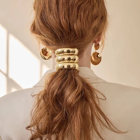 Minimalist Alloy Hair Cuff Ponytail Holder Triple Ridge Wave Metal Hair Tie Elastic Scrunchie For Women Daily Accessory