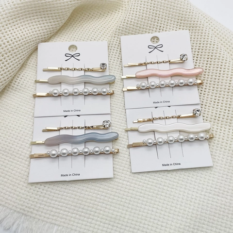 Set de 3 Piezas Pinzas para el Cabello de Moda para Mujer Aleación Perla Artificial Strass Resina Ondas Horquillas Accesorios para el Cabello