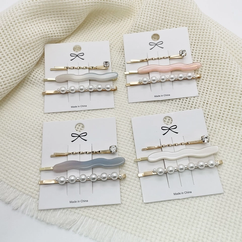 Set de 3 Piezas Pinzas para el Cabello de Moda para Mujer Aleación Perla Artificial Strass Resina Ondas Horquillas Accesorios para el Cabello