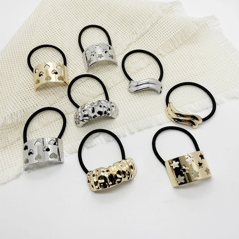 Elegante Legering Metalen Haarelastiekjes Voor Vrouwen Hol Hart Ster Gehamerd Golf Geometrische Elastische Haarbanden Ponytail Holder Sieraden
