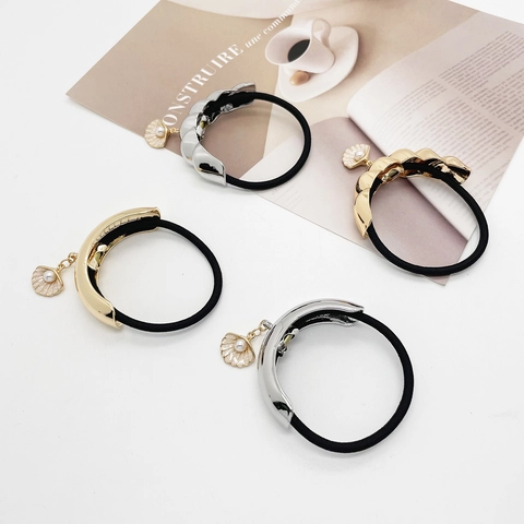 Coleteros de Aleación con Colgante de Concha Vintage Francés para Mujer Elegante Perla Artificial Elásticos