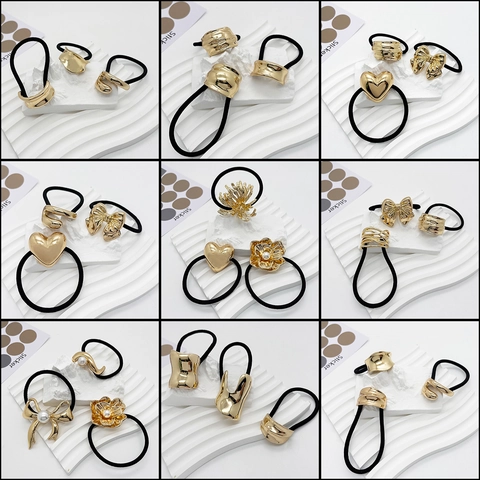 Juego de 3 Coleteros Geométricos de Aleación de Oro Minimalistas para Mujer Elegantes Gomas de Pelo Negras Corazón Lazo Accesorios para el Cabello
