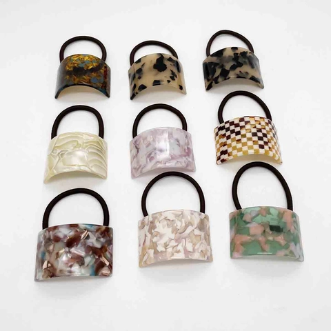 Chouchou Élégant en Acétate en Forme de U pour Femmes Motif Marbre Écaille de Tortue Damier Élastique Accessoires de Coiffure Queue de Cheval