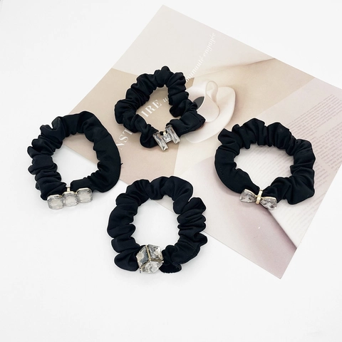 Elegant Black Satin Scrunchie With Butterfly Rectangle Rhinestone Artificial Crystal High Elastic Hair Tie For Women Hair Accessories