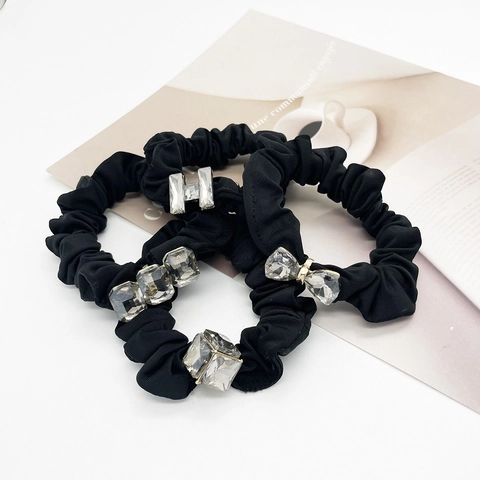 Elegant Black Satin Scrunchie With Butterfly Rectangle Rhinestone Artificial Crystal High Elastic Hair Tie For Women Hair Accessories