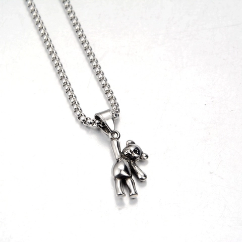Hip Hop Stainless Steel Geometric Bear Pendant Necklace For Men Women Punk Animal Bear Jewelry Accessory Silver Tone