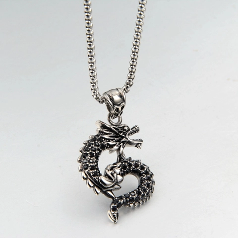 Vintage Dragon Pendant Necklace Stainless Steel Black Zirconia Inlaid Punk Hip Hop Style Jewelry For Unisex Daily Party Accessory
