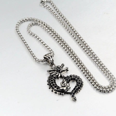 Vintage Dragon Pendant Necklace Stainless Steel Black Zirconia Inlaid Punk Hip Hop Style Jewelry For Unisex Daily Party Accessory