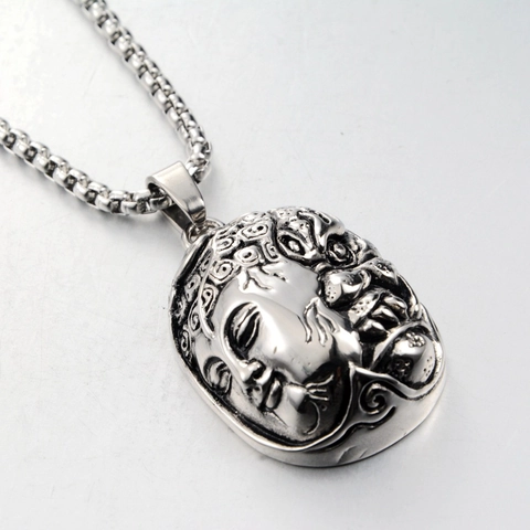 Vintage Stainless Steel Buddha Demon Pendant Necklace For Men Women Antique Silver Religious Relief Double Sided Jewelry