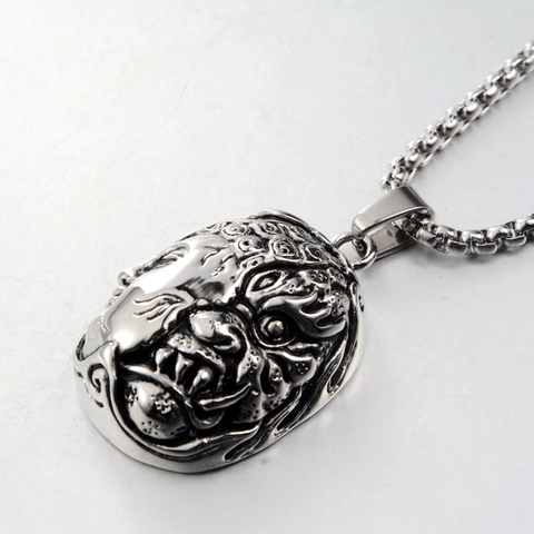 Vintage Stainless Steel Buddha Demon Pendant Necklace For Men Women Antique Silver Religious Relief Double Sided Jewelry