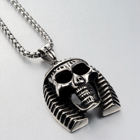 Vintage Gothic Pharaoh Skull Pendant Necklace For Men Stainless Steel Punk Retro Oxidized Hip Hop Streetwear Jewelry Gift