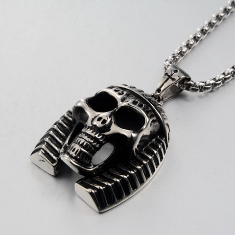 Vintage Gothic Pharaoh Skull Pendant Necklace For Men Stainless Steel Punk Retro Oxidized Hip Hop Streetwear Jewelry Gift