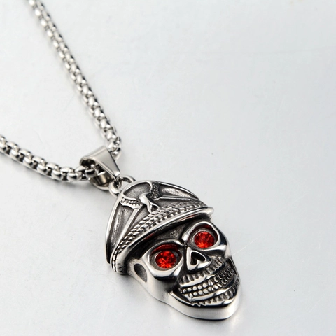 Punk Stainless Steel Military Cap Skull Pendant Necklace Vintage Gothic Red Rhinestone Eye Eagle Badge Jewelry For Men Women