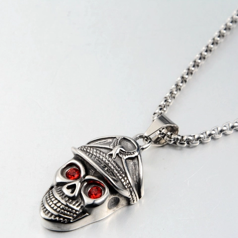 Punk Stainless Steel Military Cap Skull Pendant Necklace Vintage Gothic Red Rhinestone Eye Eagle Badge Jewelry For Men Women