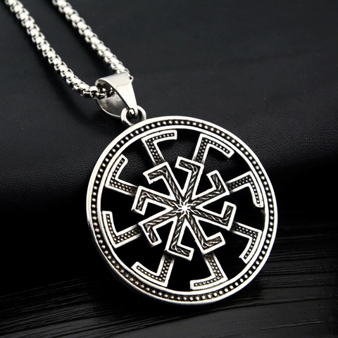 Stainless Steel Slavic Sun Wheel Pendant Necklace Vintage Oxidized Sunburst Amulet Jewelry For Men Women Daily Fashion Accessory