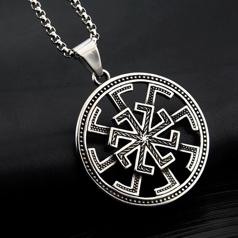 Stainless Steel Slavic Sun Wheel Pendant Necklace Vintage Oxidized Sunburst Amulet Jewelry For Men Women Daily Fashion Accessory