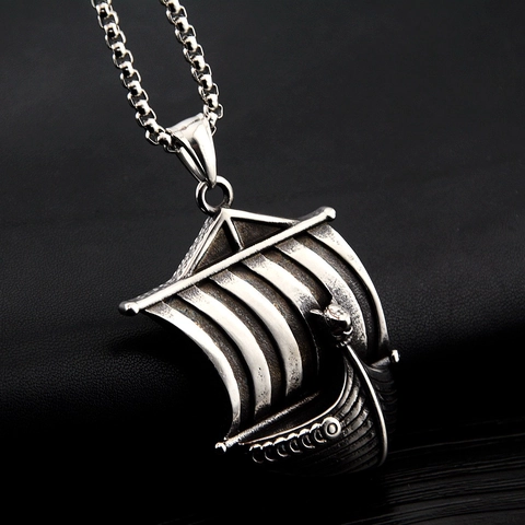 Viking Longship Pendant Necklace Retro Stainless Steel Sailing Boat Pendant Antique Silver Gothic Punk Jewelry Men Women