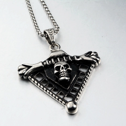 Vintage Stainless Steel Skull Triangle Pendant Necklace Gothic Punk Rock Jewelry For Men Women Polished Antique Silver Finish Skeleton Design