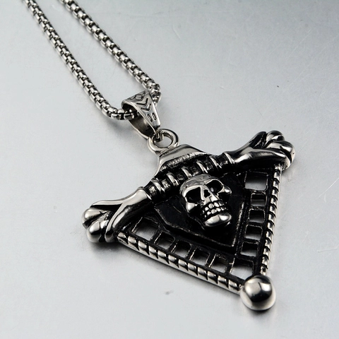 Vintage Stainless Steel Skull Triangle Pendant Necklace Gothic Punk Rock Jewelry For Men Women Polished Antique Silver Finish Skeleton Design