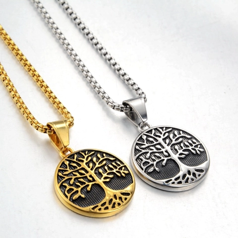 Collar Con Colgante Árbol De La Vida Vintage De Acero Inoxidable Cadena De Caja Joyería Para Hombre Mujer Estilo Retro