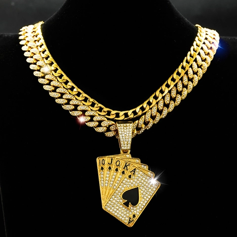 Hip Hop Spades Royal Flush Poker Card Pendant Necklace Full Rhinestone Iced Out Cuban Link Chain Jewelry For Men Party