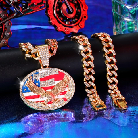 Collana con Ciondolo Aquila Americana Hip Hop Iced Out Uomo Lega di Zinco Strass Catena a Maglie Cubane Gioielli Collana con Ciondolo