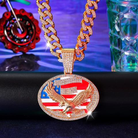 Collana con Ciondolo Aquila Americana Hip Hop Iced Out Uomo Lega di Zinco Strass Catena a Maglie Cubane Gioielli Collana con Ciondolo