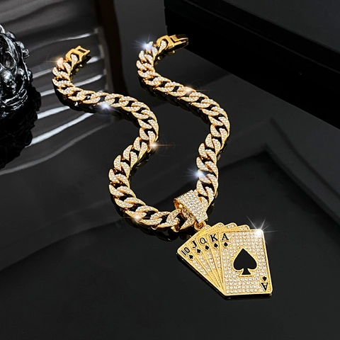 Hip Hop Iced Out Spades Royal Flush Poker Card Pendant With Cuban Chain Zinc Alloy Rhinestone Necklace Men Jewelry Accessory