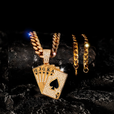 Hip Hop Spades Royal Flush Poker Card Pendant Necklace Full Rhinestone Iced Out Cuban Link Chain Jewelry For Men Party